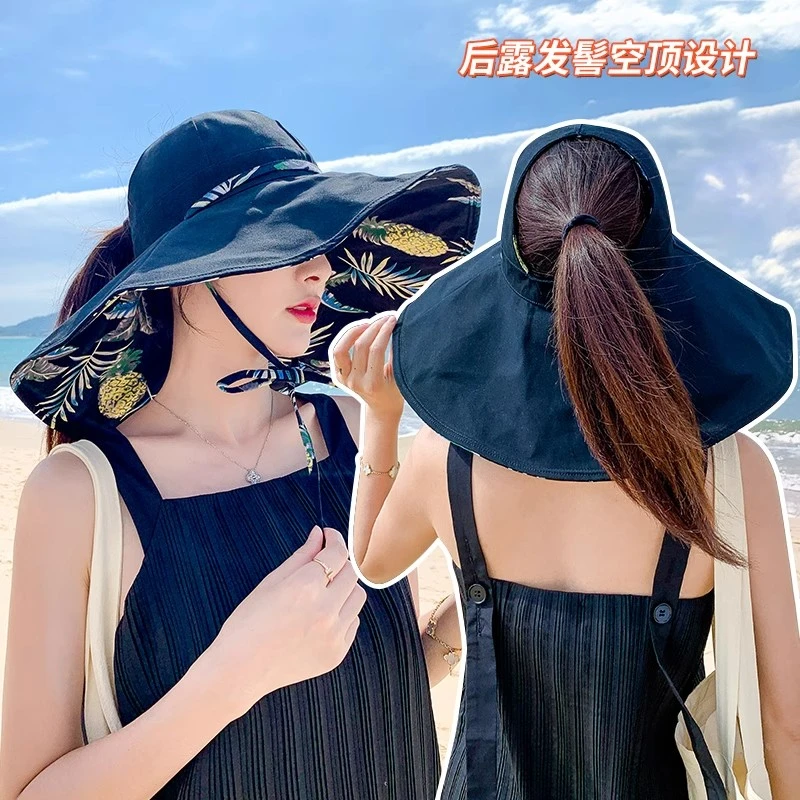 遮阳帽女夏季大帽檐防晒帽扎马尾空顶太阳帽子防紫外线遮脸渔夫帽