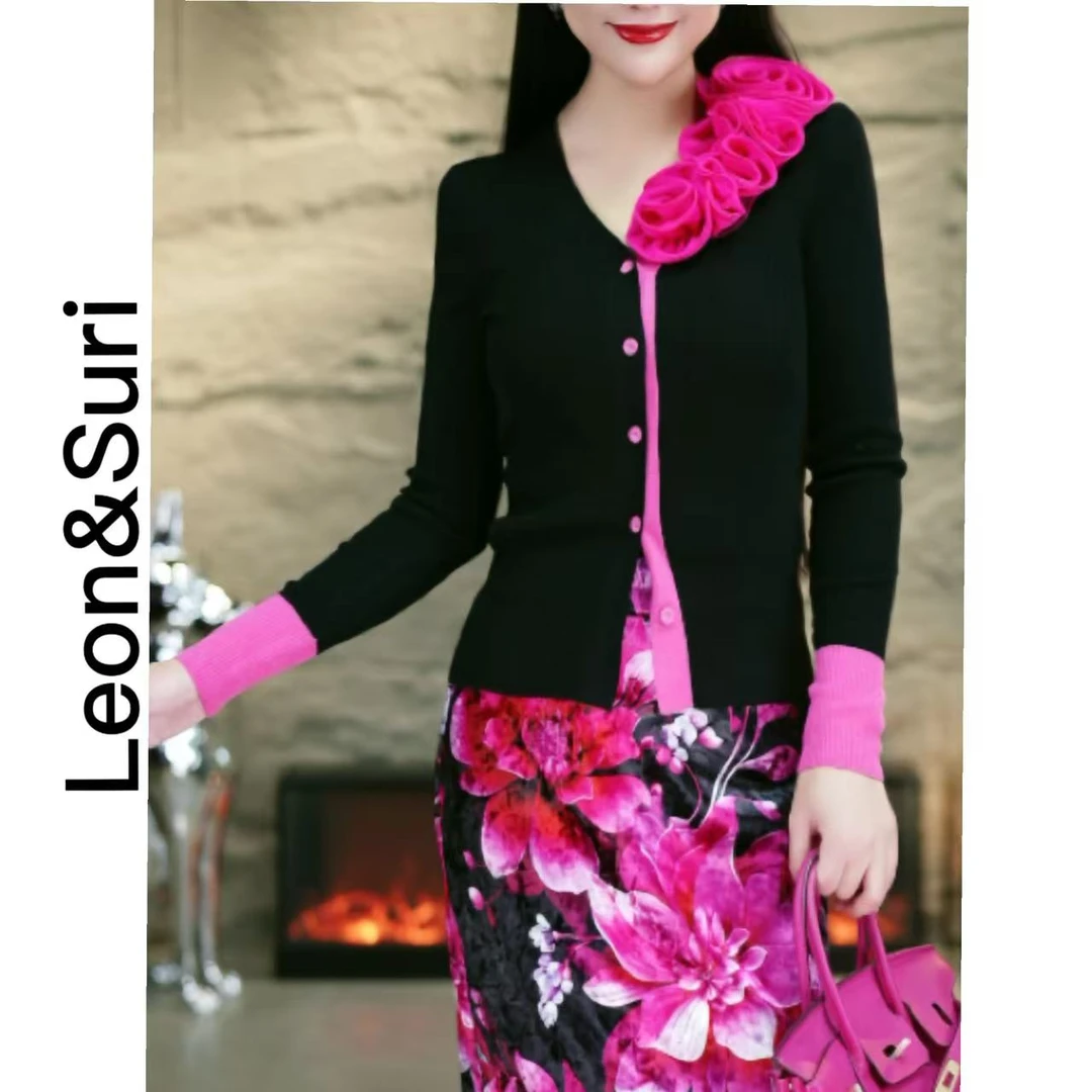 Leon&Suri “樱落”秋冬新款拼色羊毛时尚保暖混纺毛衣打底修身