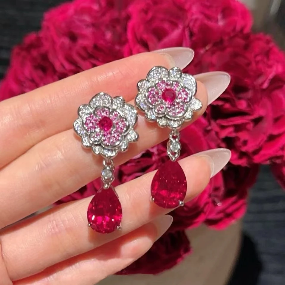 合金合成锆石耳饰 仙境胭脂红牡丹宝石耳钉 古董洋红花朵锆石耳环