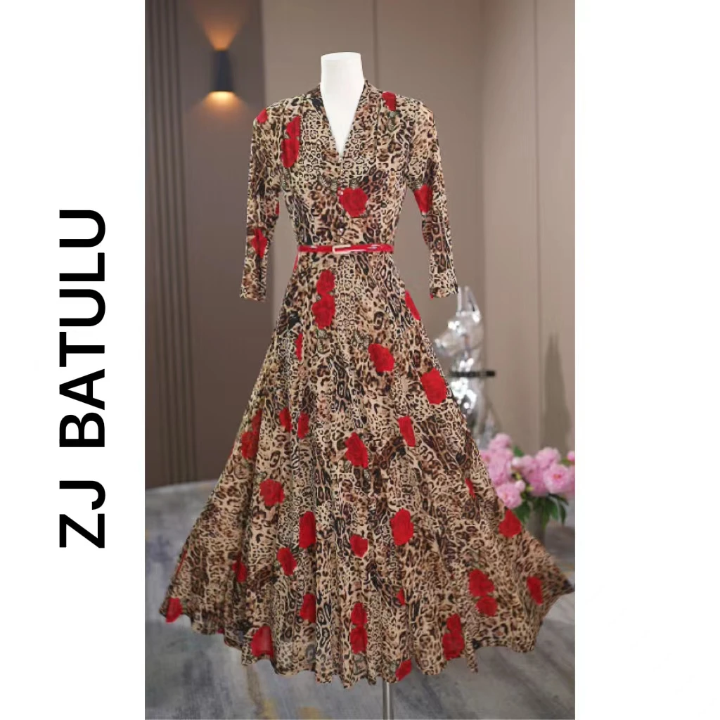 E【年终大促】“豹纹玫瑰”新款修身网纱网纱连衣裙复古轻奢法式