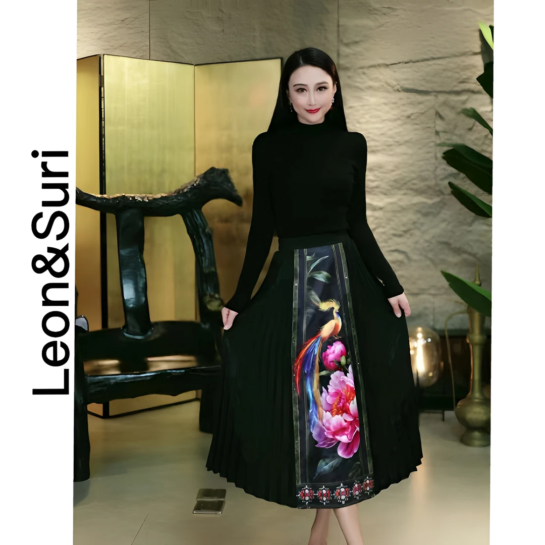 A【年终大促】“翩若惊鸿”新款修身印花高贵气质女人高定半身百褶裙