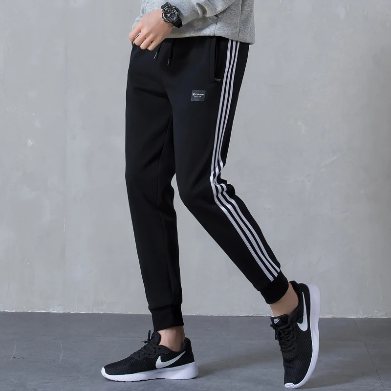 春秋季运动男裤束脚裤三道杠休闲加绒运动裤卫裤加厚裤子秋冬长裤