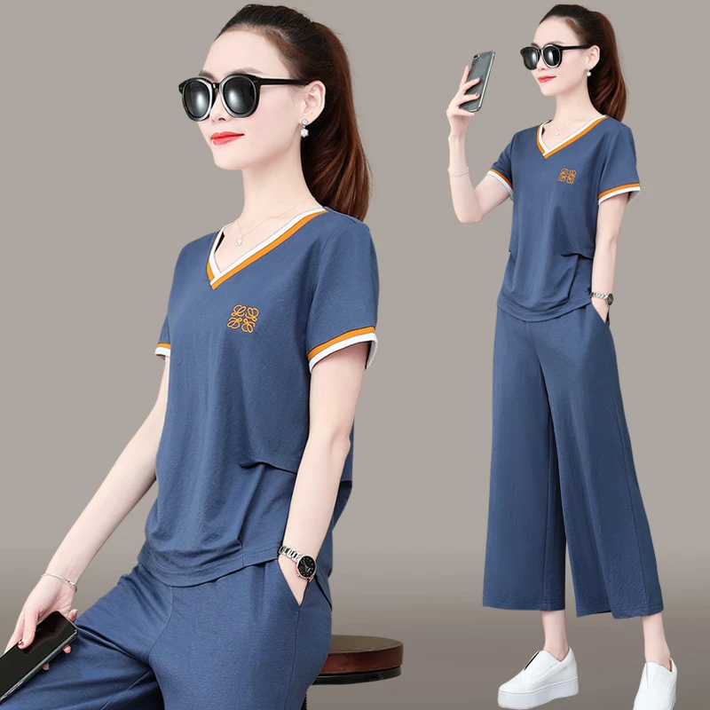 棉麻阔腿裤运动套装女夏季2024新款潮时尚宽松短袖洋气休闲两件套