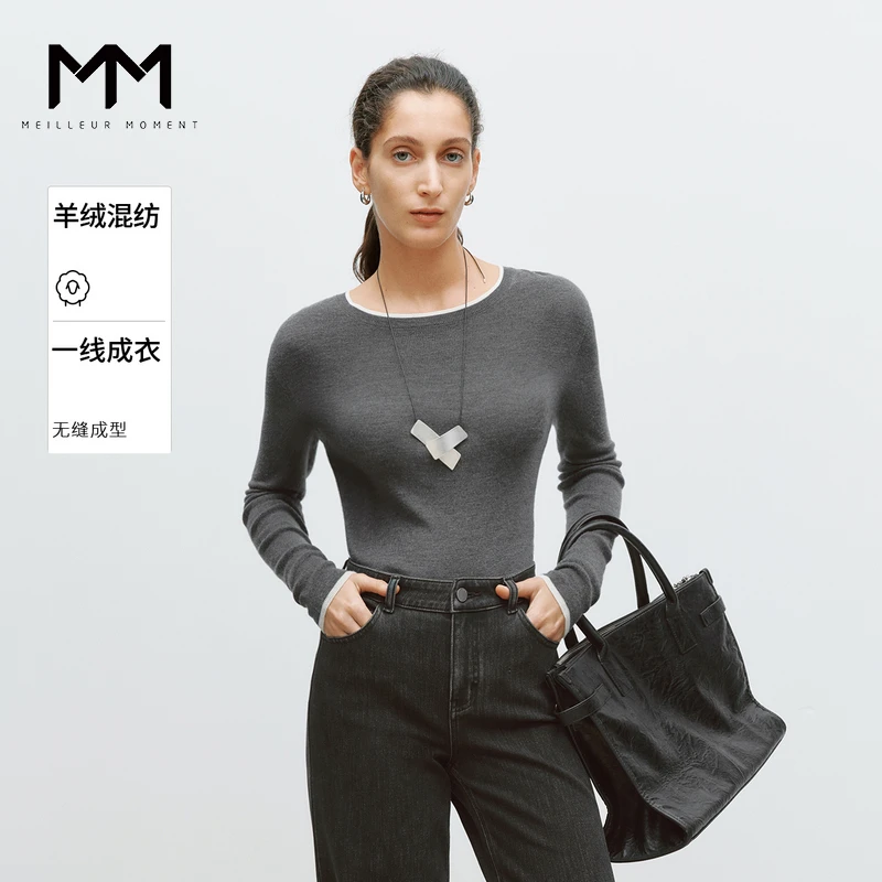 MM麦檬春秋冬48支精纺纱羊绒混纺撞色高级感针织衫5F8932771