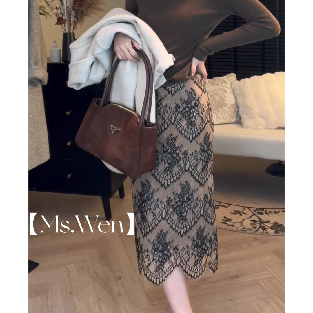 【WENZO】蕾丝半裙~优雅百搭加厚磨毛针织蕾丝半身裙w240907