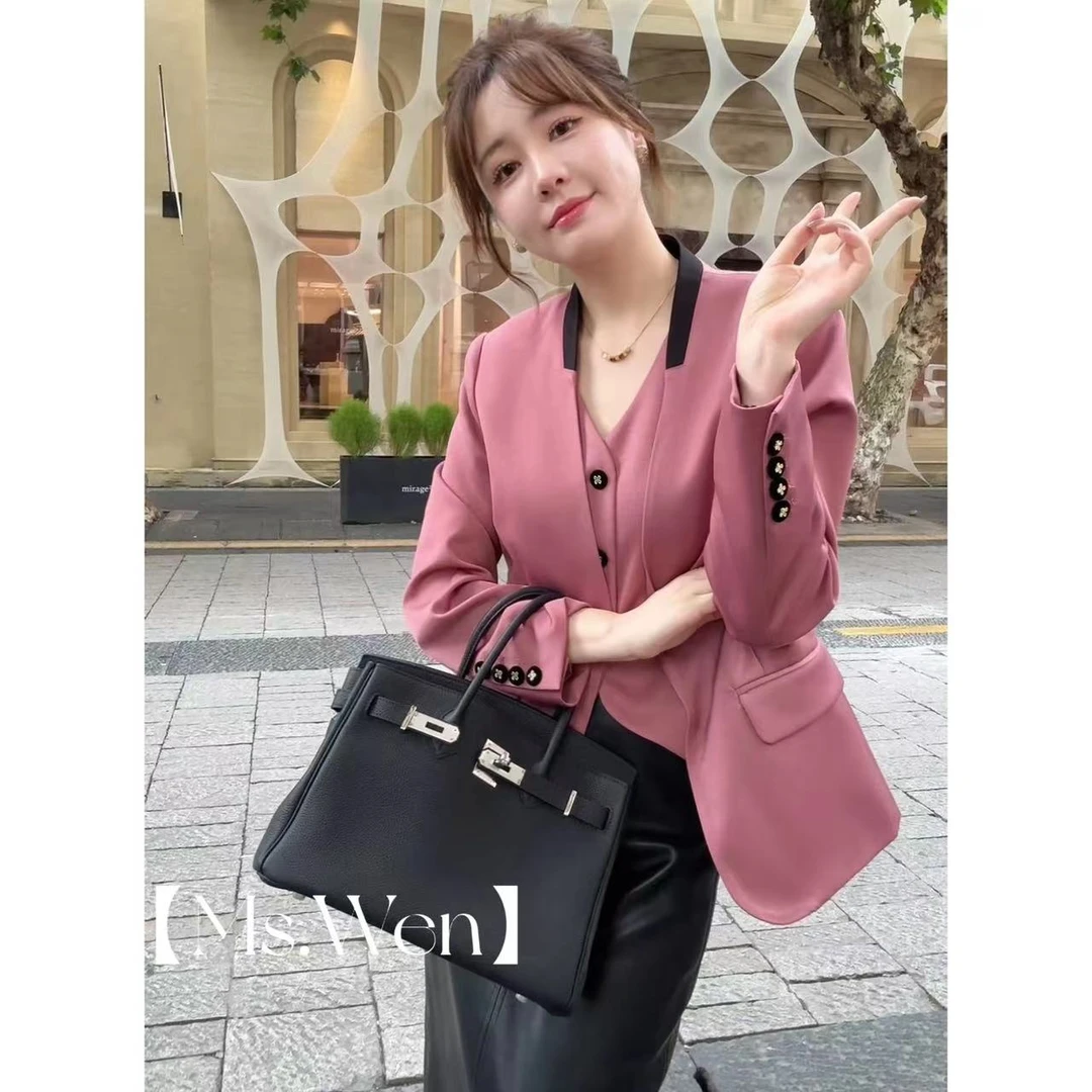 【WENZO】反季福利品韩版修身设计感拼色缎面西装外套W240721