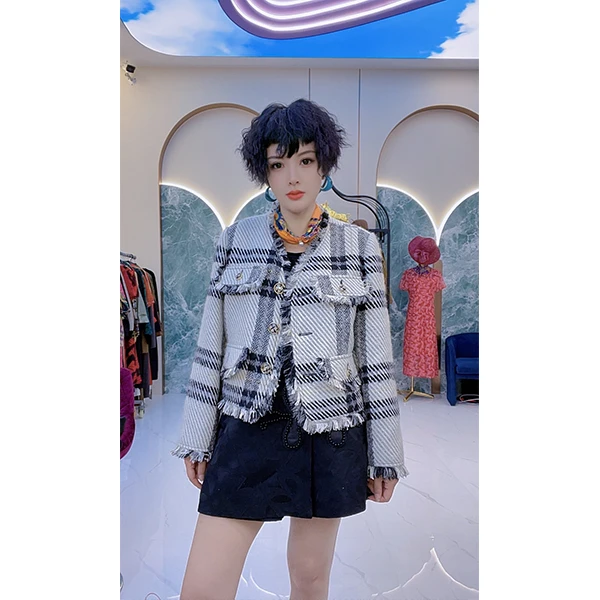 73033 《回馈粉丝》菲姐时尚小香风气质短款格纹秋冬上衣女外套