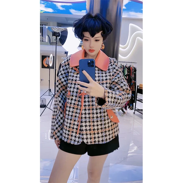 73019-1  时尚小香风气质秋冬格子休闲短款外套