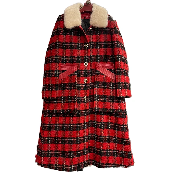 2655  菲姐轻奢时尚女士中长款冬季格子大衣外套