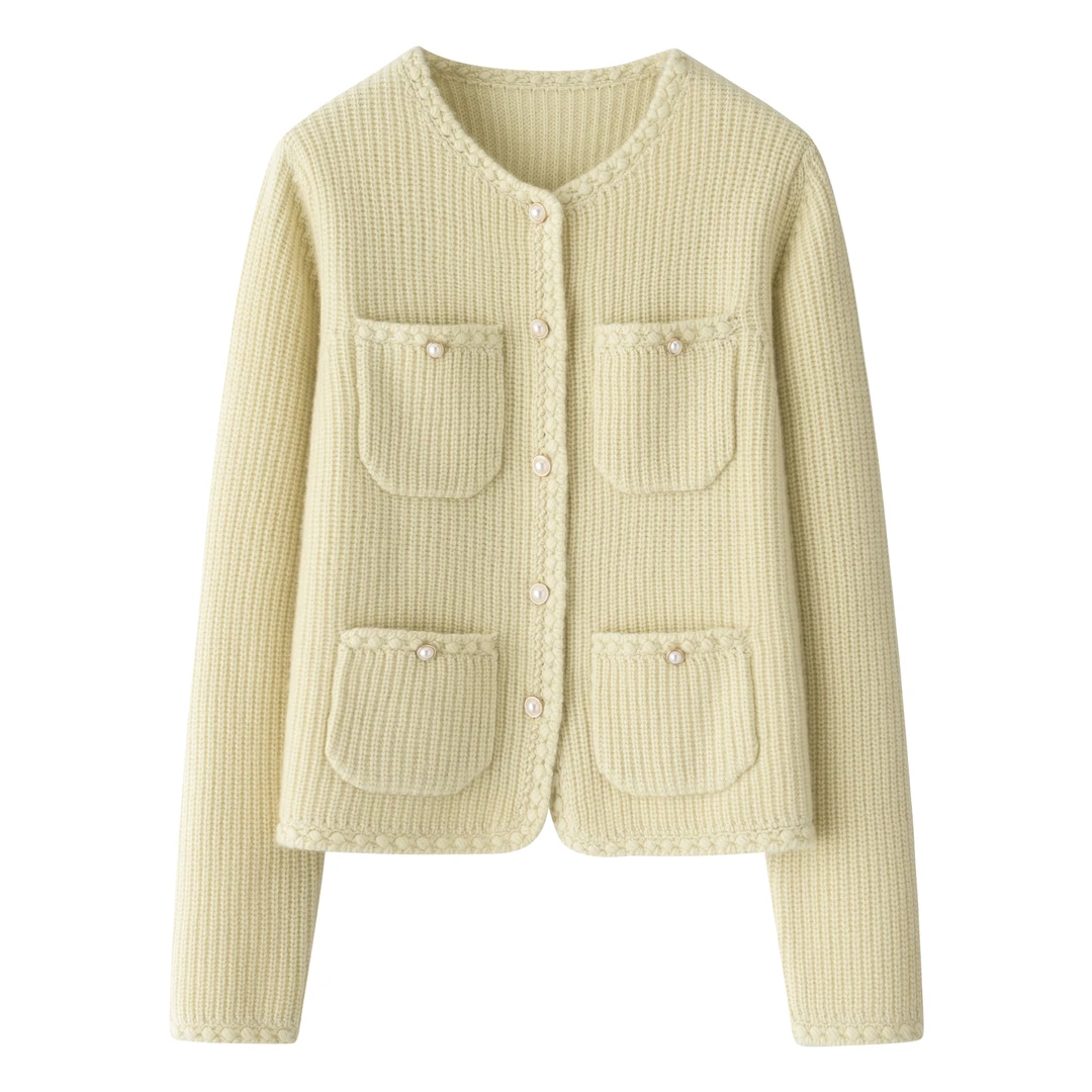 圆领单元宝女开衫100山羊绒加厚钩花小花边口袋鄂尔多斯市羊绒-A