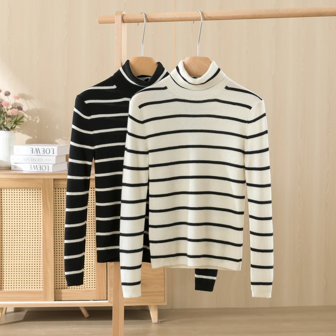 高翻领抽条夹条女套衫68支精纺羊绒100山羊绒收腰尊领女套衫DS