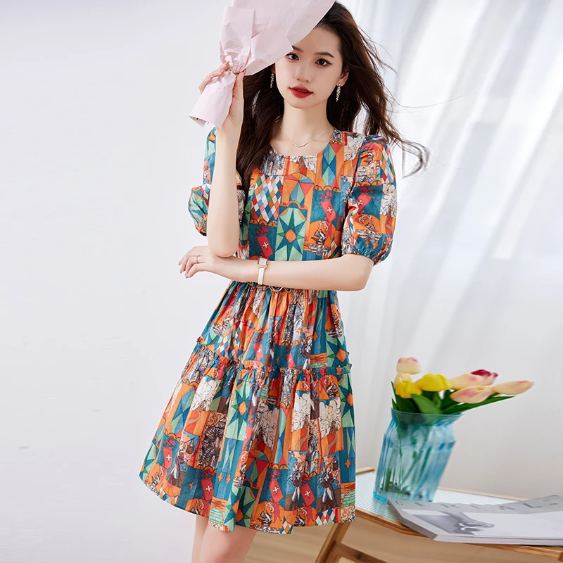 高档碎花女装连衣裙2024新款纯棉小个子短袖高腰显瘦高品质裙子