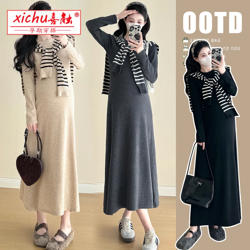 2024现货 韩系针织连衣裙+披肩潮妈秋冬针织长裙两件套