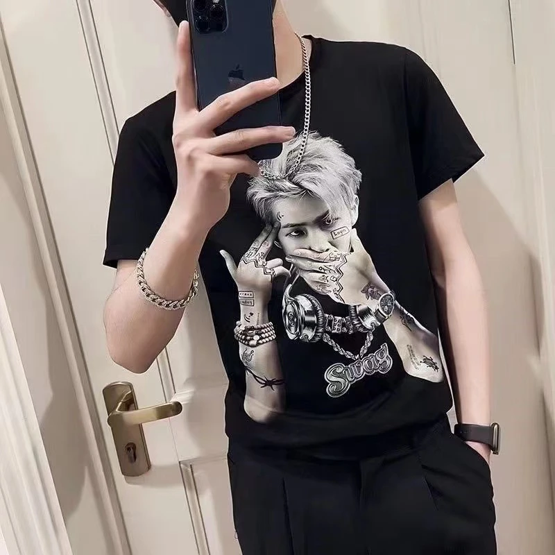 新款夏季网红痞帅t恤男短袖潮牌百搭轻奢潮流印花上衣男士时尚T恤