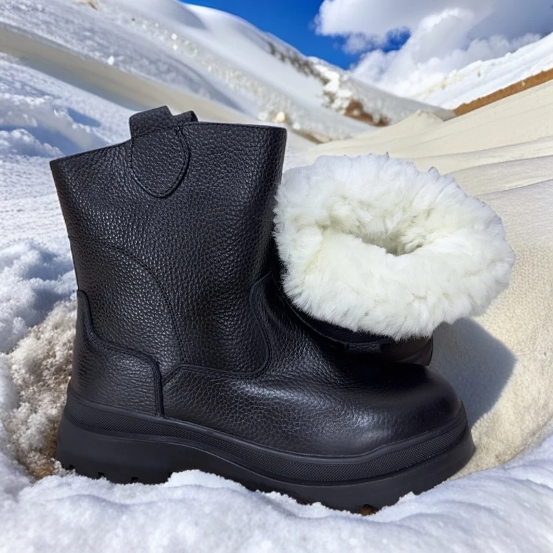 冬季羊毛雪地靴男牛皮真毛真皮保暖羊毛靴东北户外加厚棉鞋防寒靴