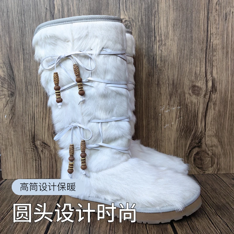 蒙古冬季新款网红真皮真毛高筒雪地靴女厚底过膝长靴毛毛女抗寒靴