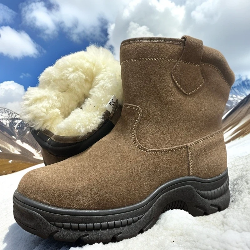 牛皮羊毛雪地靴男冬季加厚防寒保暖东北大棉鞋防水防滑短筒羊毛靴