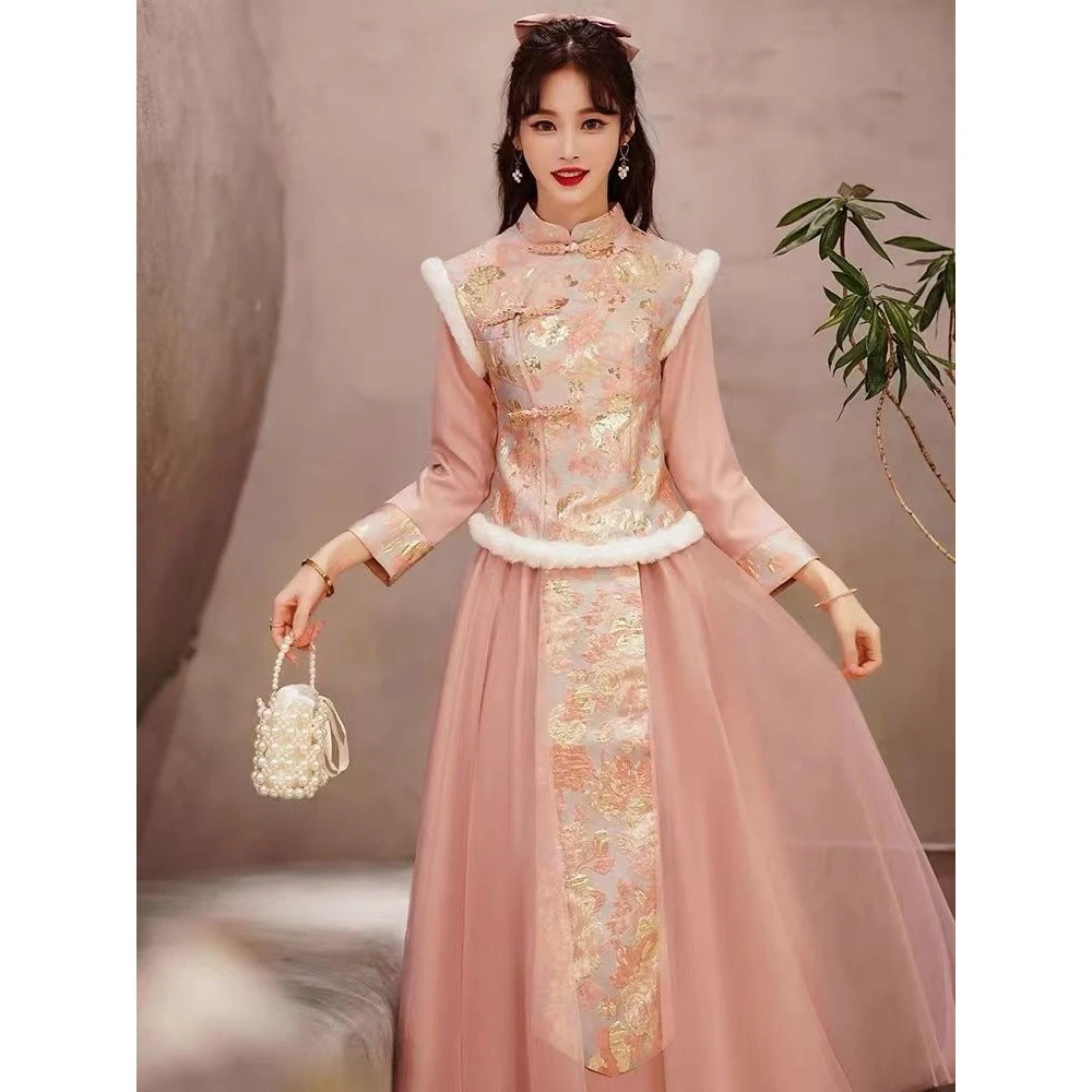 2023新款冬装唐装冬中国风伴娘服中式旗袍裙姐妹团礼服女冬款冬季