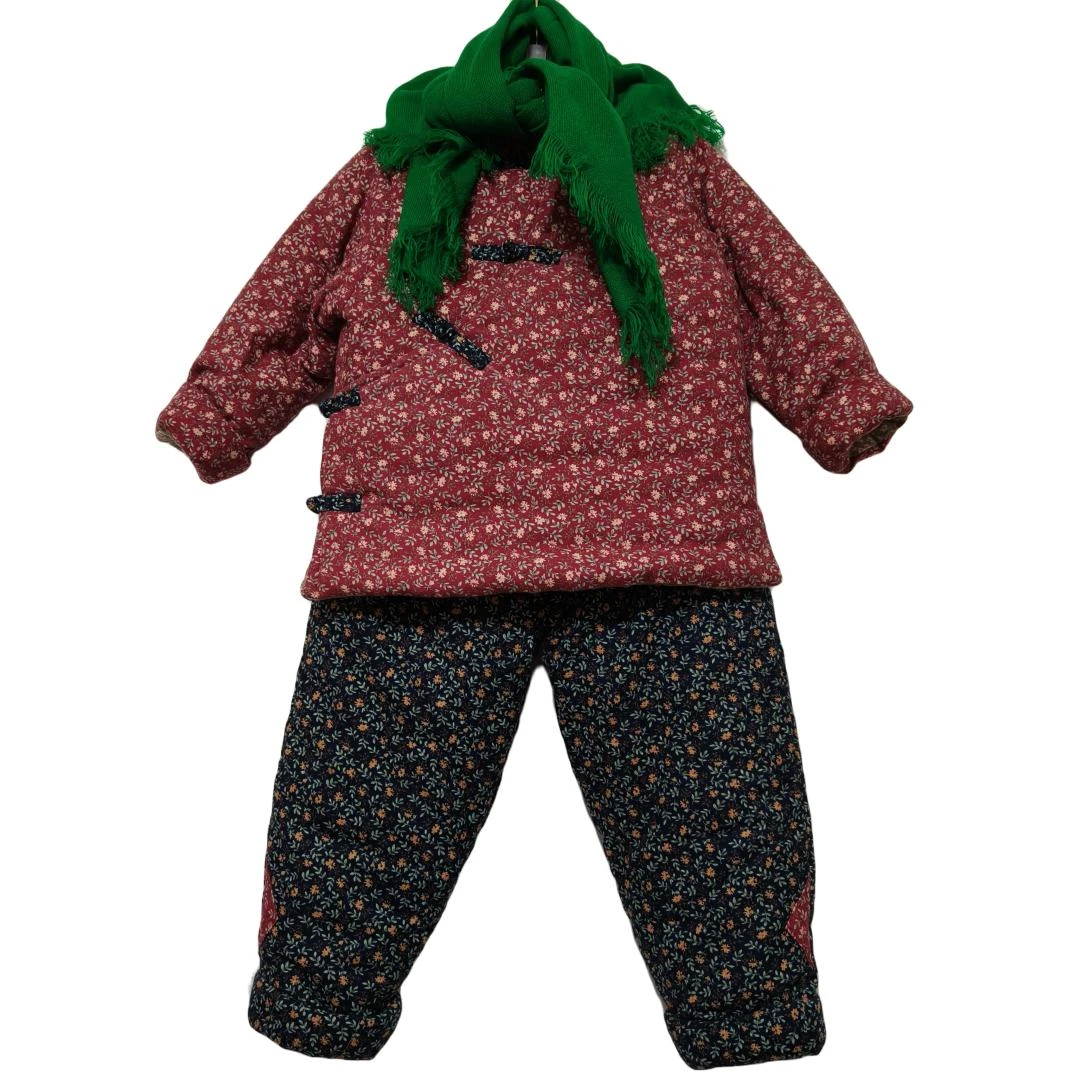 儿童棉内胆手工棉花碎花套装加厚保暖秋冬土味拜年服红色洋气冬季