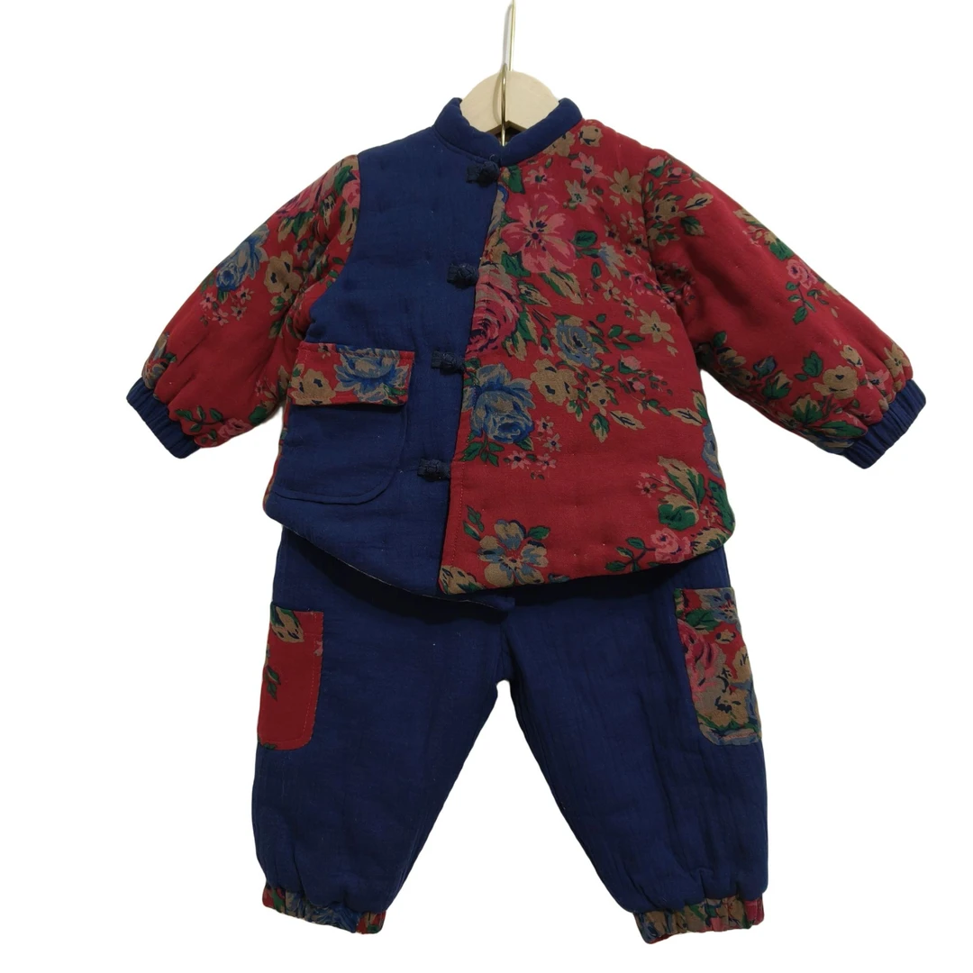 复古国风加厚盘扣棉麻纯手工棉花儿童套装冬款拜年服可机洗衣服