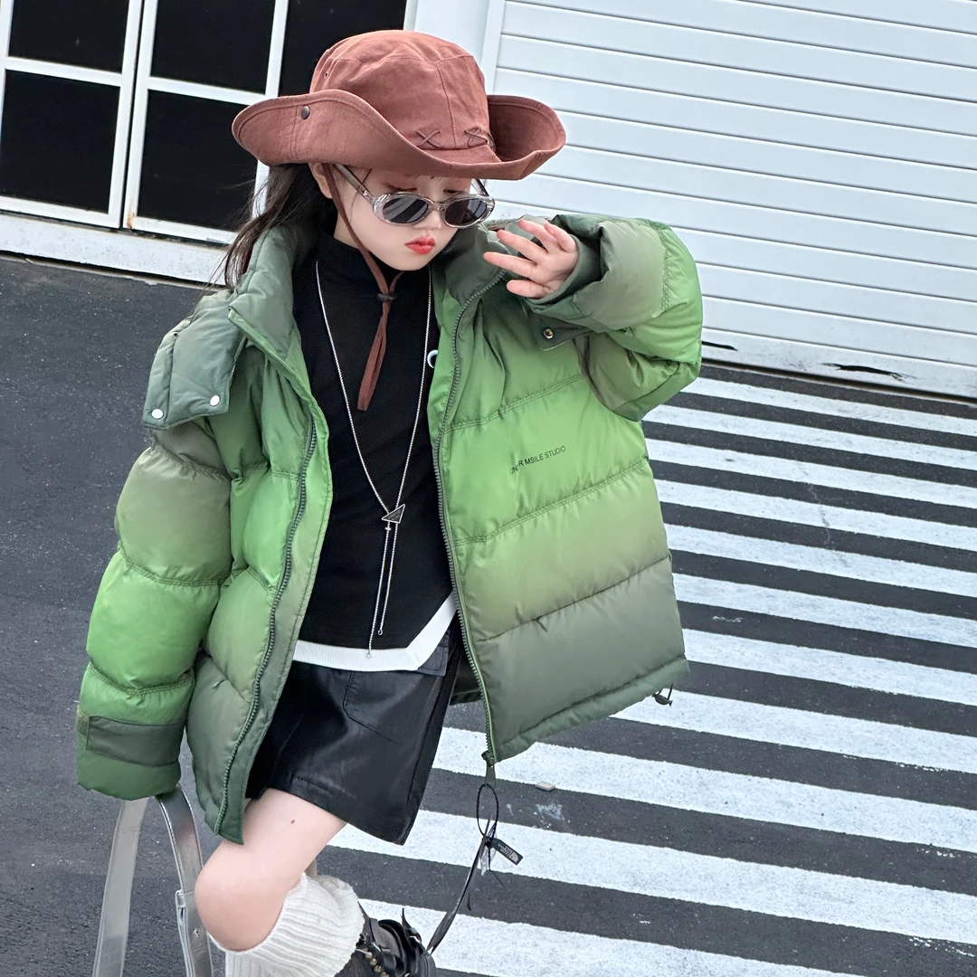 连帽羽绒服女童2023年冬装中大童韩版宽松加厚渐变吊印洋气外套潮