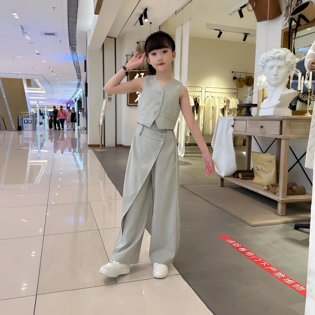 阔腿裤女童休闲高腰垂感2024夏季新款不规则设计感西装长裤套装潮