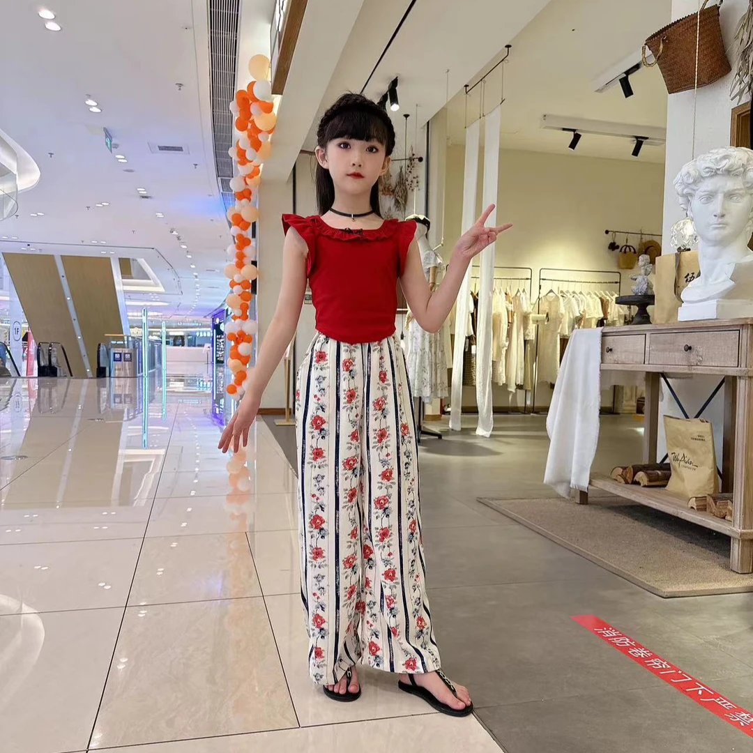 女童2024夏季新款高腰法式复古玫瑰印花阔腿裤高腰垂感拖地长裤潮