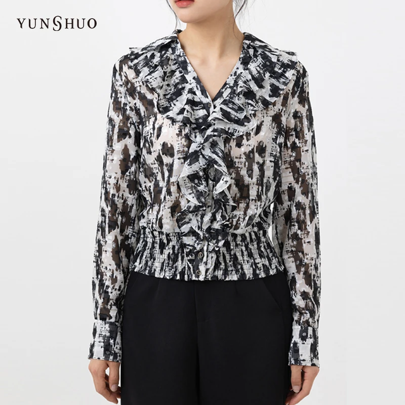 YUNSHUO 黑白斑驳花型百搭实穿V领荷叶边套头收腰长袖衬衫 339675