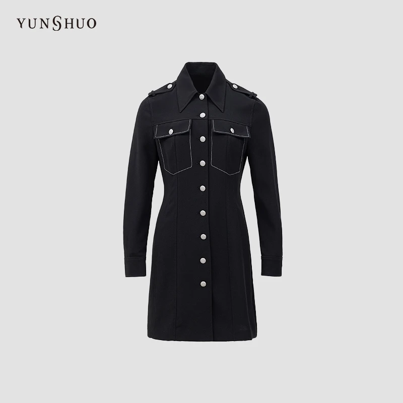 YUNSHUO秋季新款复古精致休闲修身大口袋设计长袖连衣裙566379