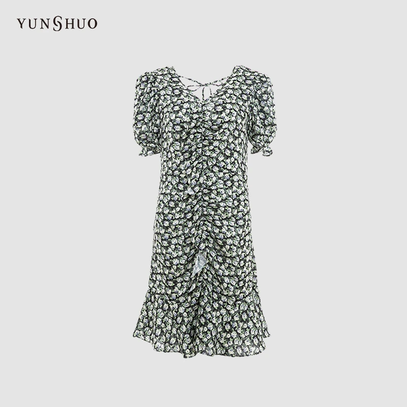 YUNSHUO允硕2024夏季经典休闲百搭绿色碎花连衣裙 566332