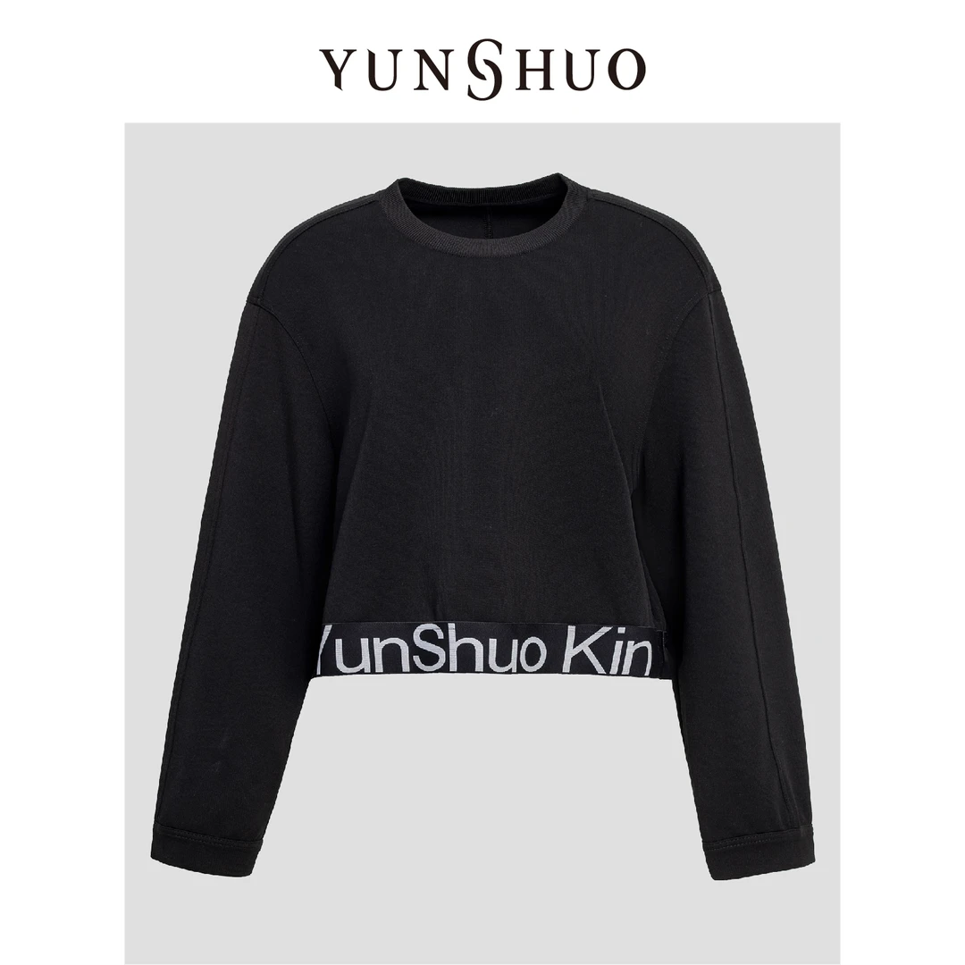 YUNSHUO允硕秋冬新款针织套头衫女圆领字母休闲运动卫衣349545