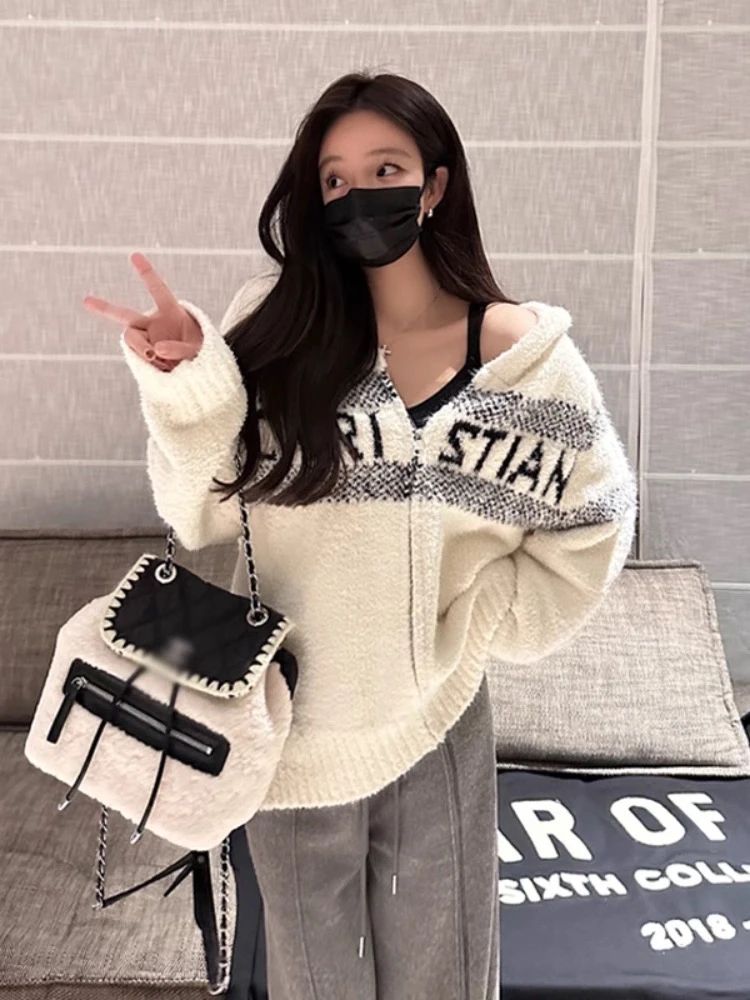 【奶系泡泡】连帽毛衣毛毛外套开衫女冬季宽松慵懒风高级感软糯