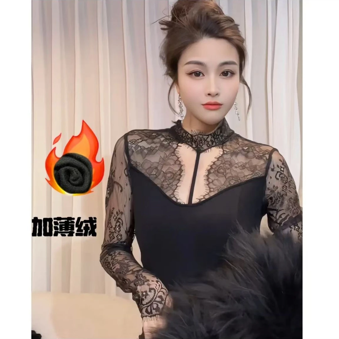 2024冬季新款洋气时尚设计感网纱长袖蕾丝衫修身显瘦内搭女装上衣