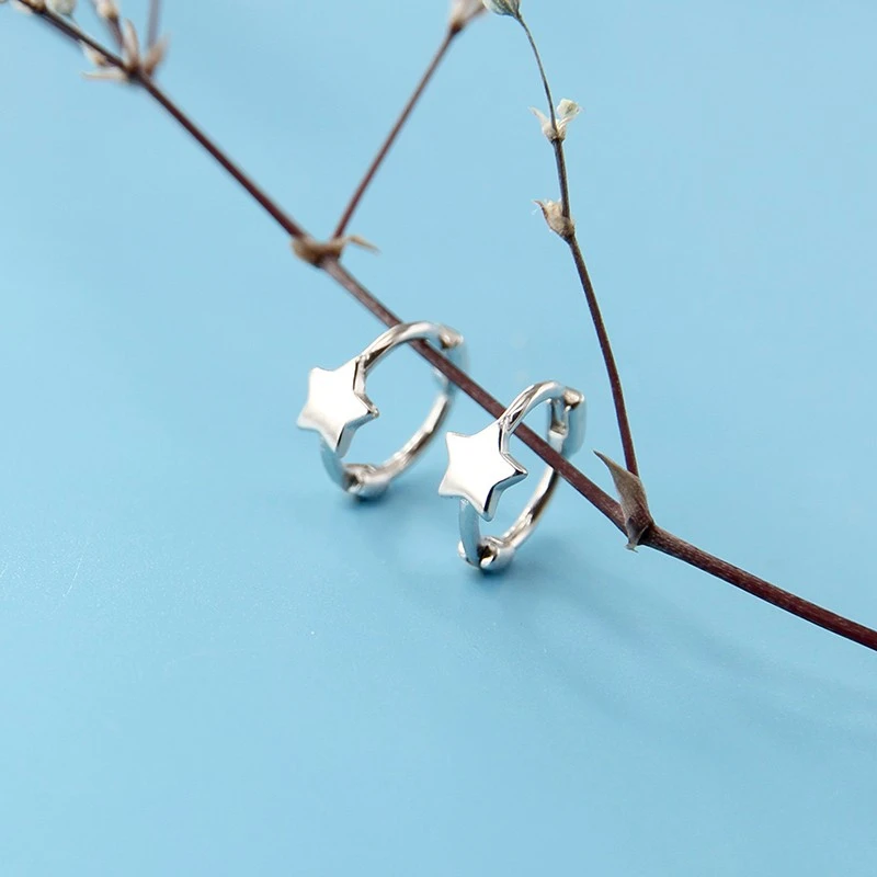 言若银 925银耳饰 五角星耳环时尚耳扣气质百搭耳圈简约饰品EK19