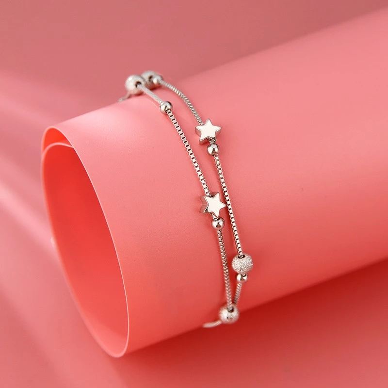 言若银 925银手链 双层星星圆珠手链满天星小众脚链气质轻奢SL05