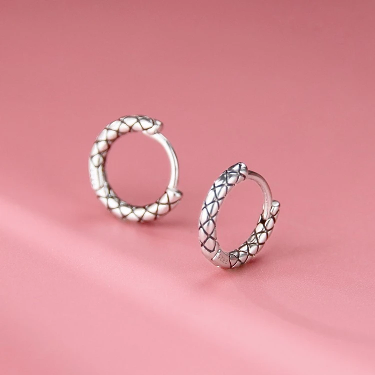 言若银 925银耳饰 螺纹耳扣复古麻花编织耳环简约时尚银饰品EK100