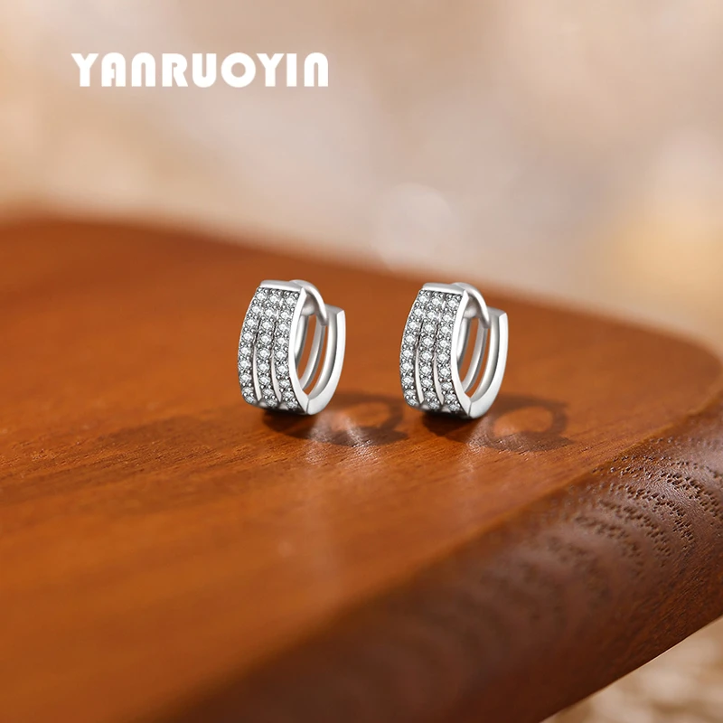 言若银 足银耳饰 999纯银耳环女镶嵌排钻百搭小众简约银耳扣ek145