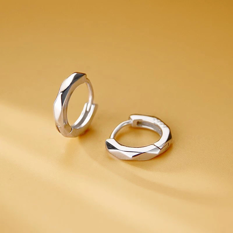 言若银 足银耳饰 999纯银耳扣气质耳环棱纹百搭时尚耳扣冷淡风B61