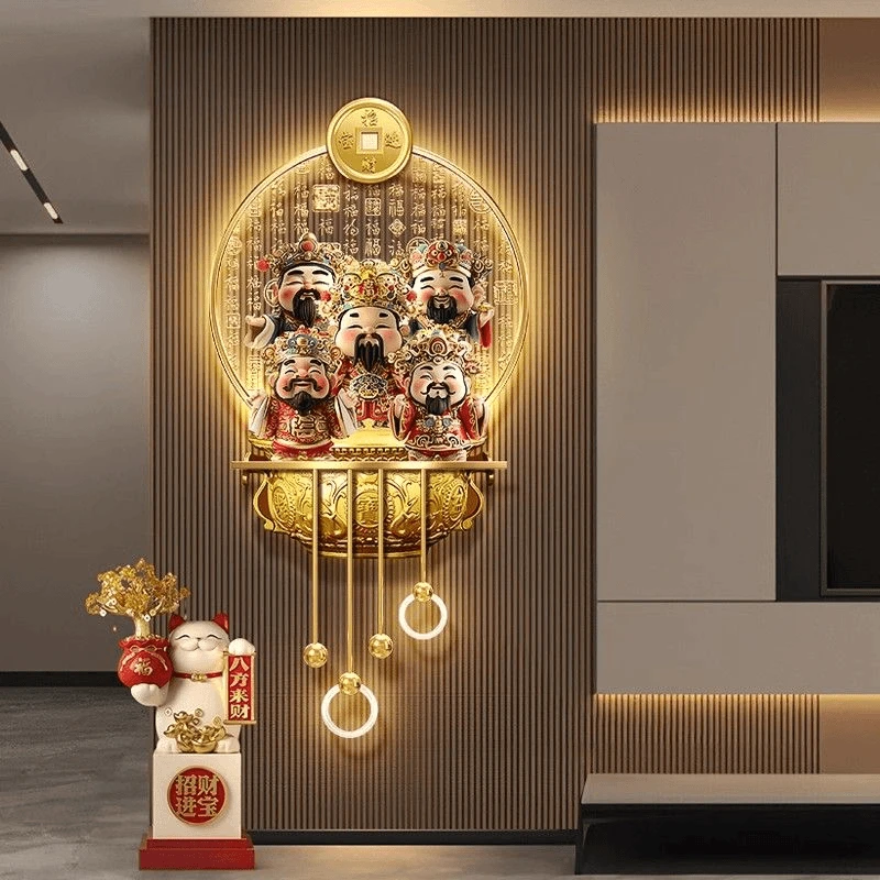 财神爷客厅格栅装饰挂件福字电视背景墙壁画灯聚宝盆灯光画挂画