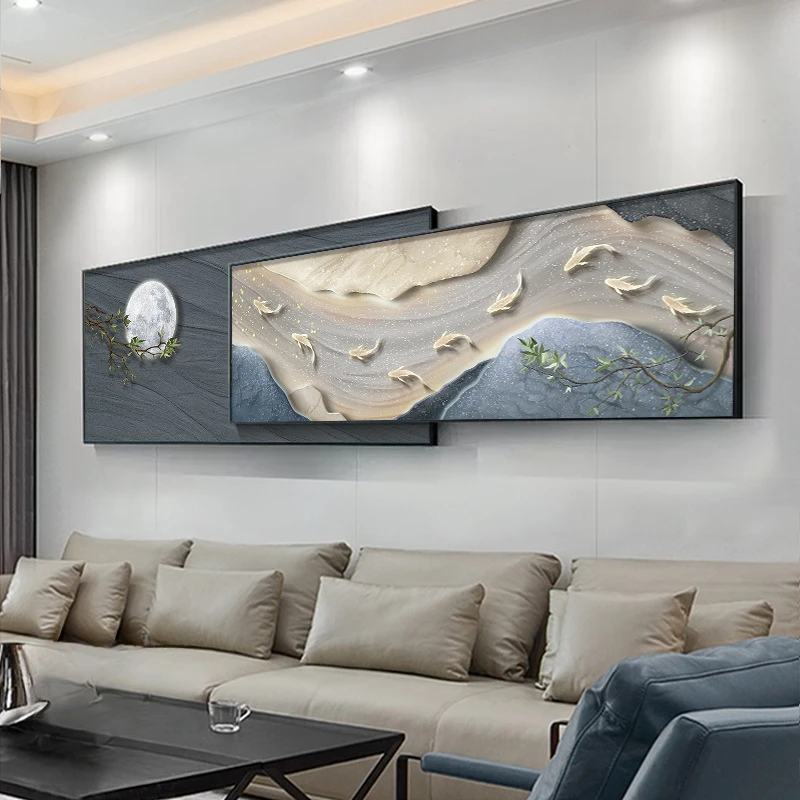 现代轻奢客厅背景墙挂画九鱼图壁画大气沙发背景墙最新款灯光画