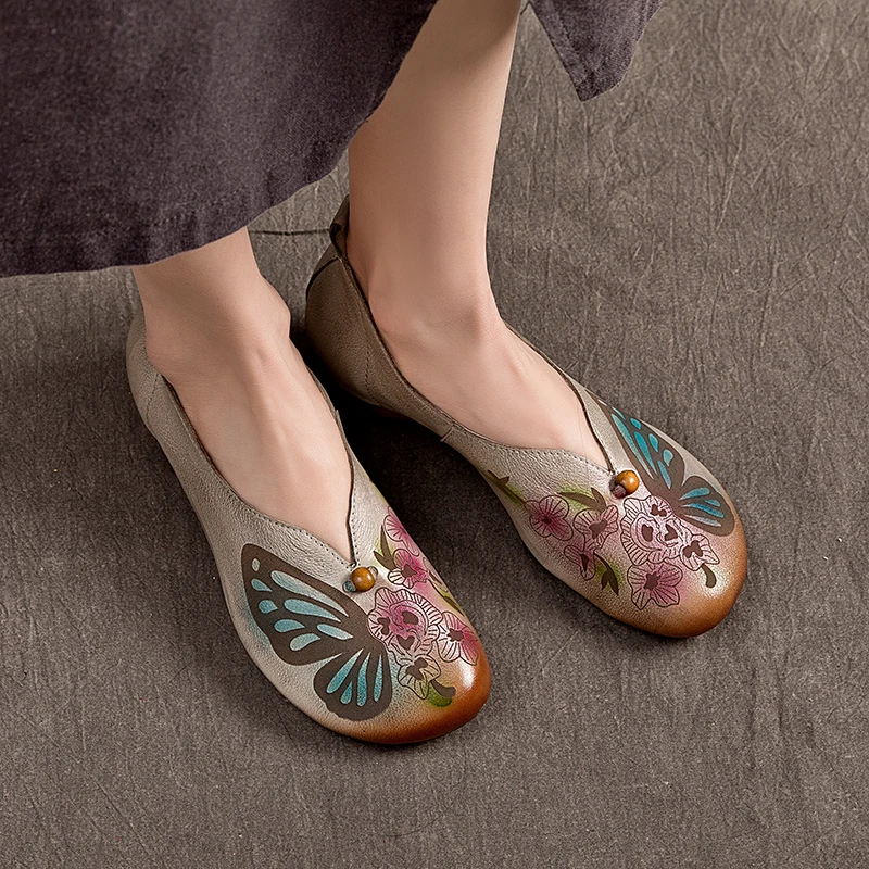 民族风低跟圆头纯手工绘画新中式舒适女单鞋软牛皮浅口四季女鞋子
