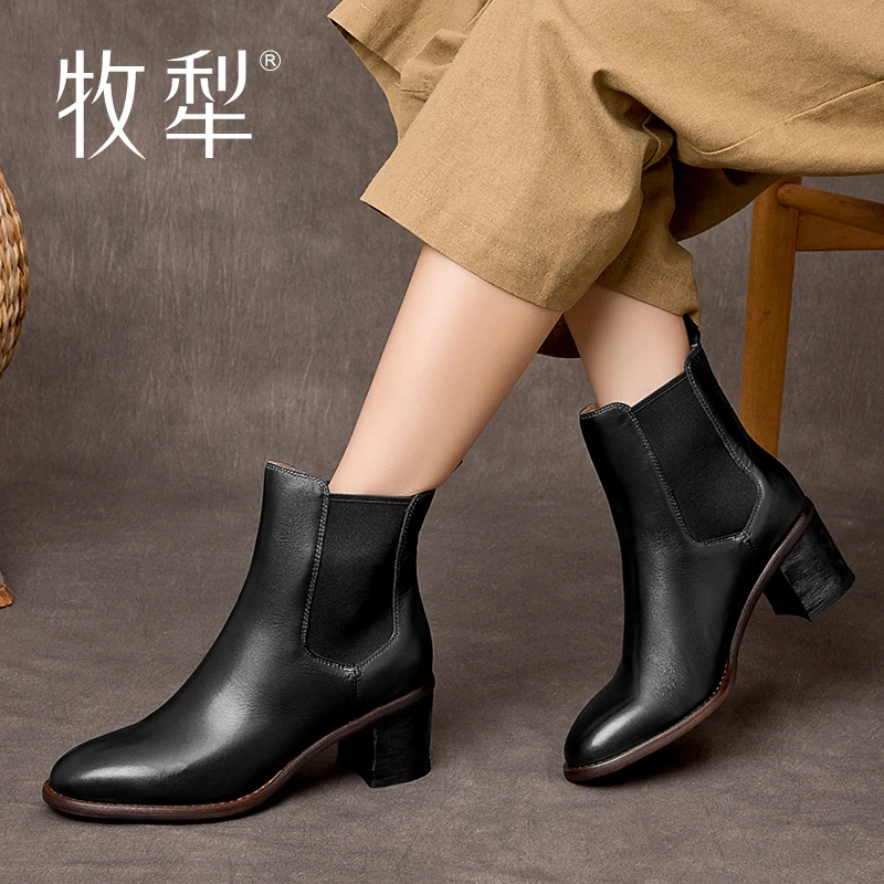 牧犁正品英伦风水洗定制牛皮高端复古中国红秋冬新品烟筒女士靴子