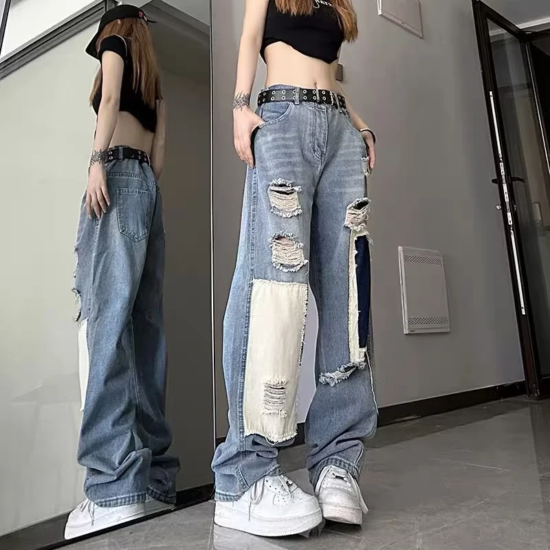 美式复古破洞贴布撞色牛仔裤男夏季宽松直筒拖地潮牌高街休闲长裤