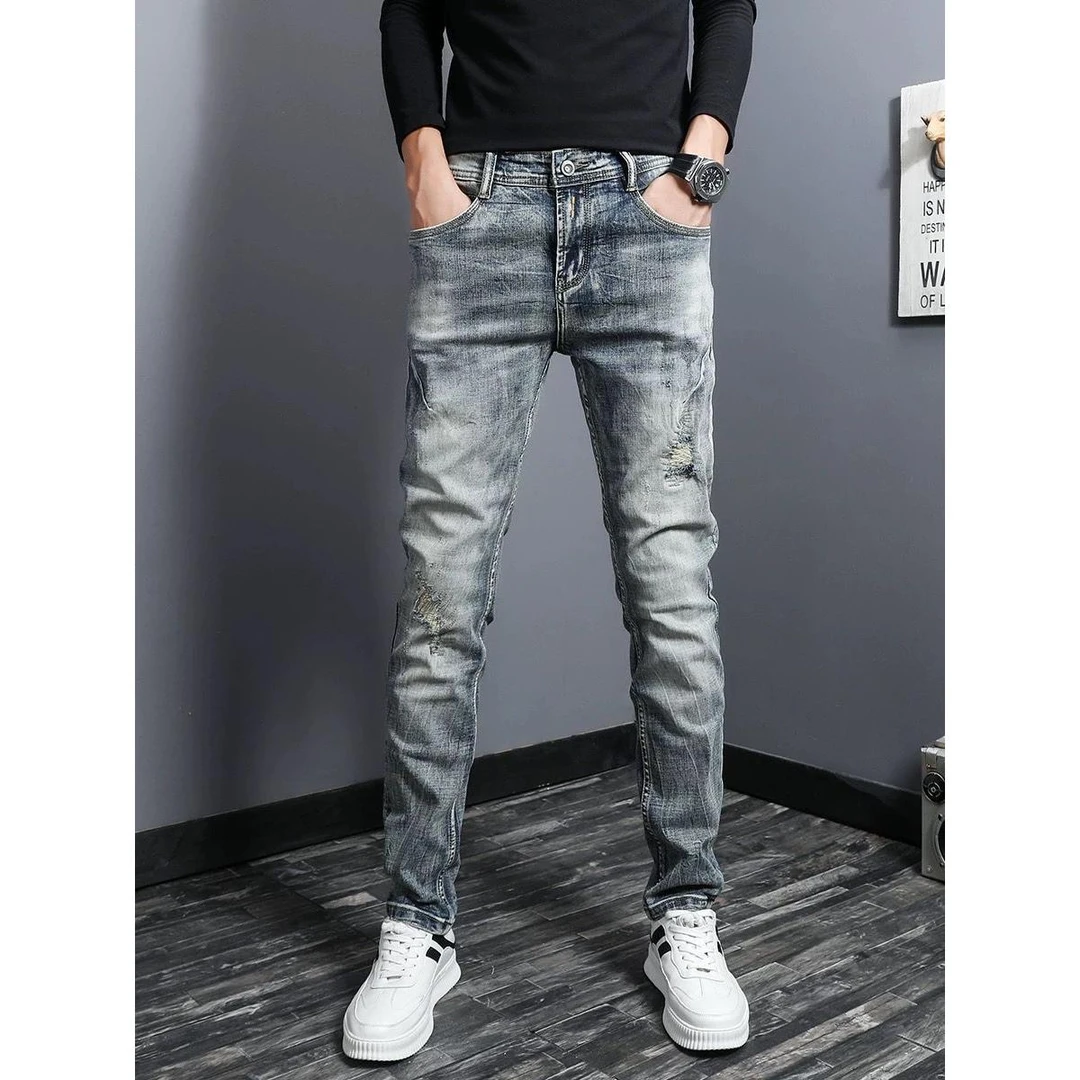 高档欧洲站破洞浅色春季牛仔裤男复古水洗做旧修身小脚春秋款裤子