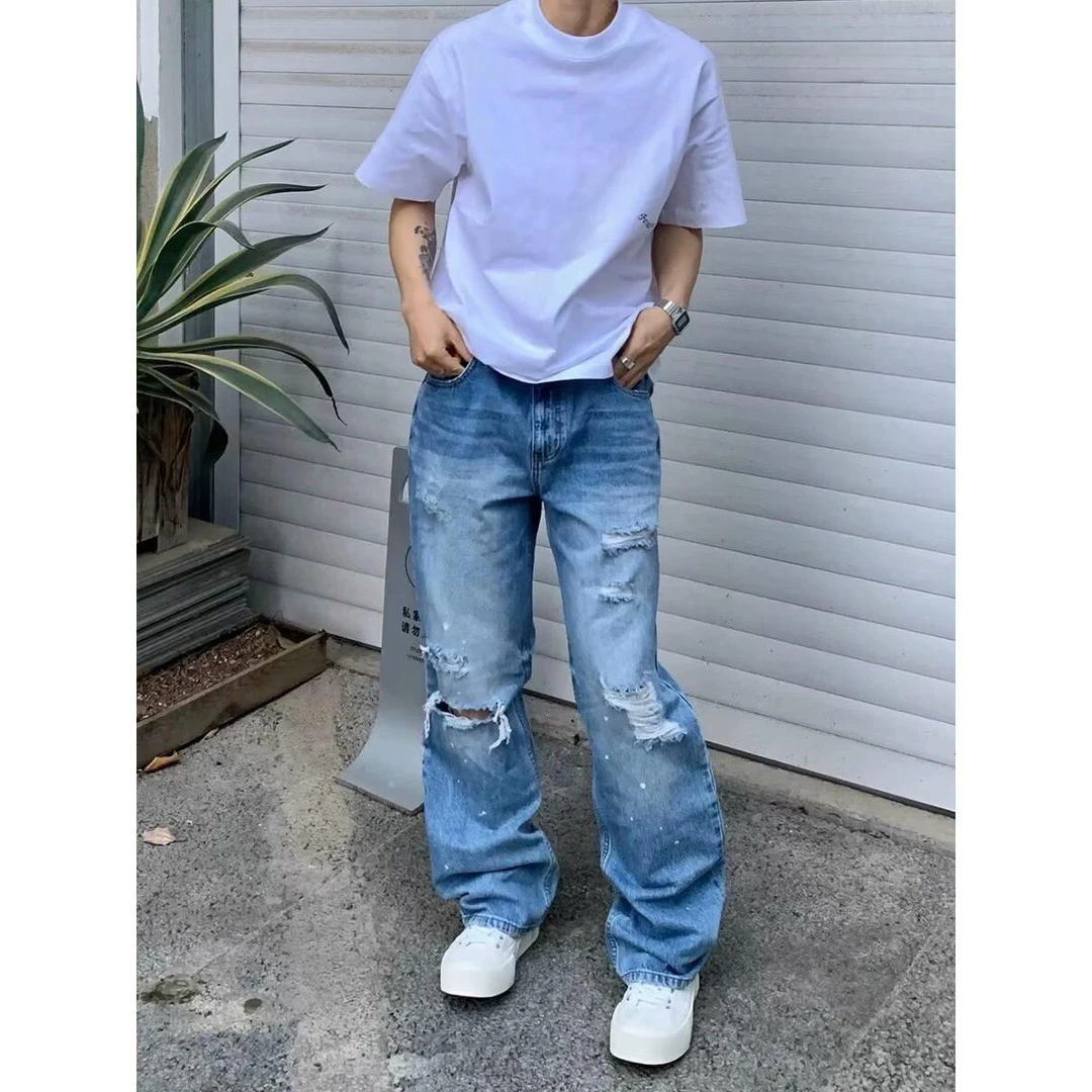 美式高街破洞牛仔裤男女宽松百搭设计感日系水洗直筒小众阔腿长裤