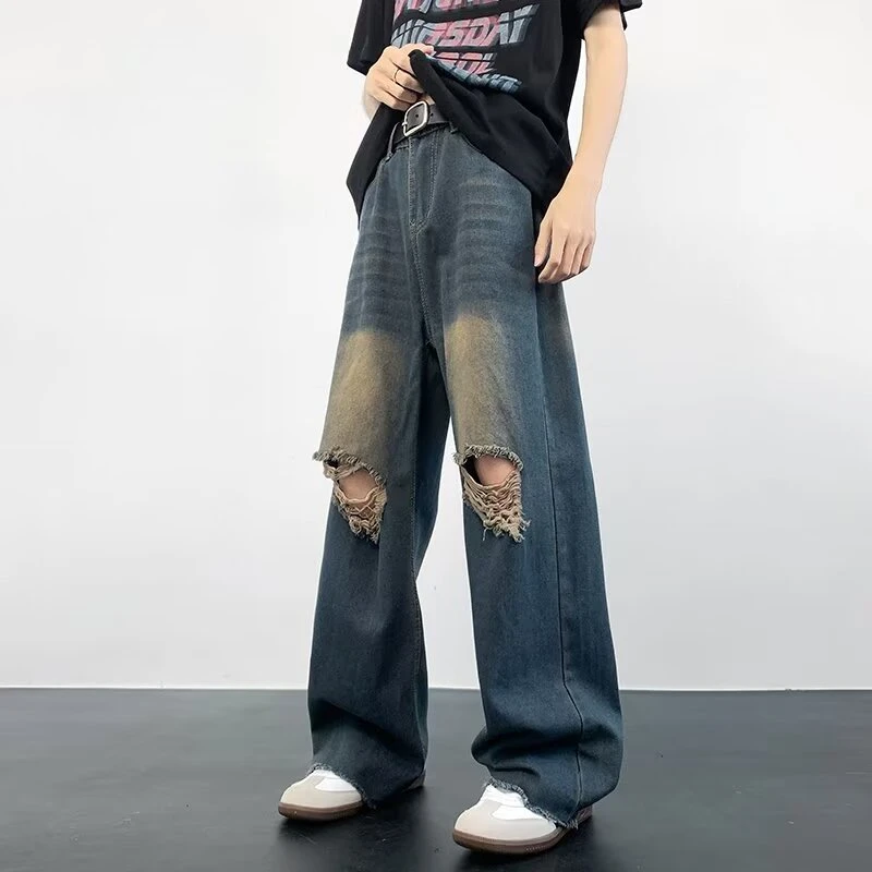 复古做旧破洞牛仔裤男女ins潮美式街头嘻哈hiphop直筒裤高街裤子