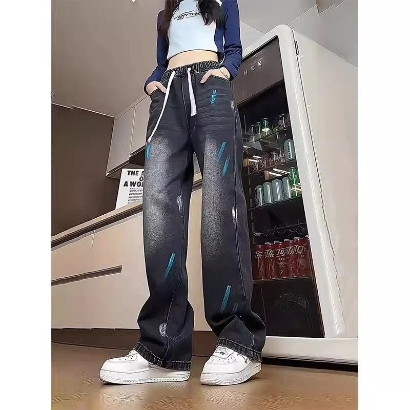 男士春秋洋气潮流泼墨牛仔裤男生潮流酷直筒裤日系痞帅休闲裤男孩