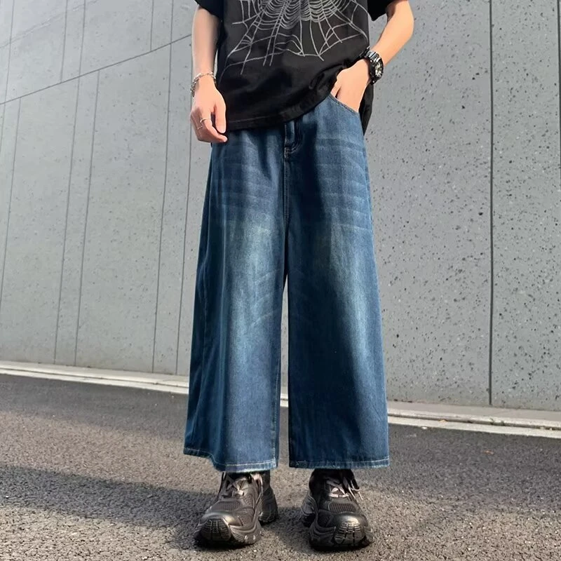 牛仔裤男九分裤蓝色休闲裤直筒裤夏季宽松潮牌男款美式高街裤子