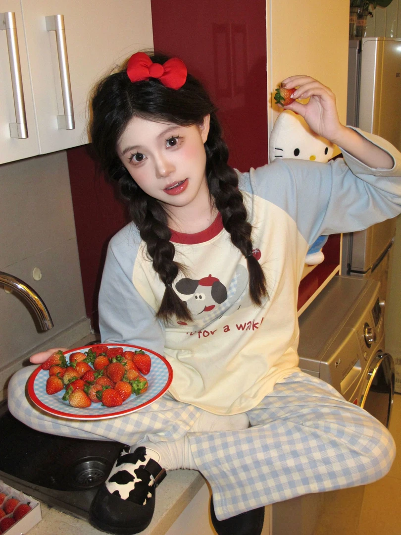 可外穿软乎乎卡通套头德绒睡衣少女秋冬插肩袖甜美长袖家居服套装