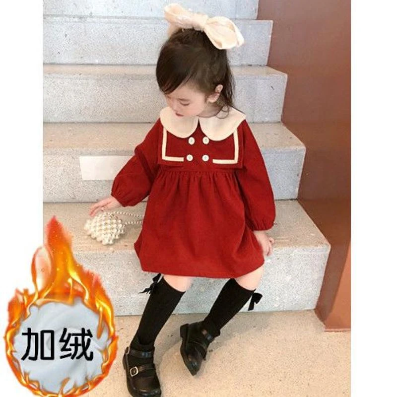 女童春秋季连衣裙2023新款红色洋气韩系可爱娃娃领宝宝秋冬童装裙